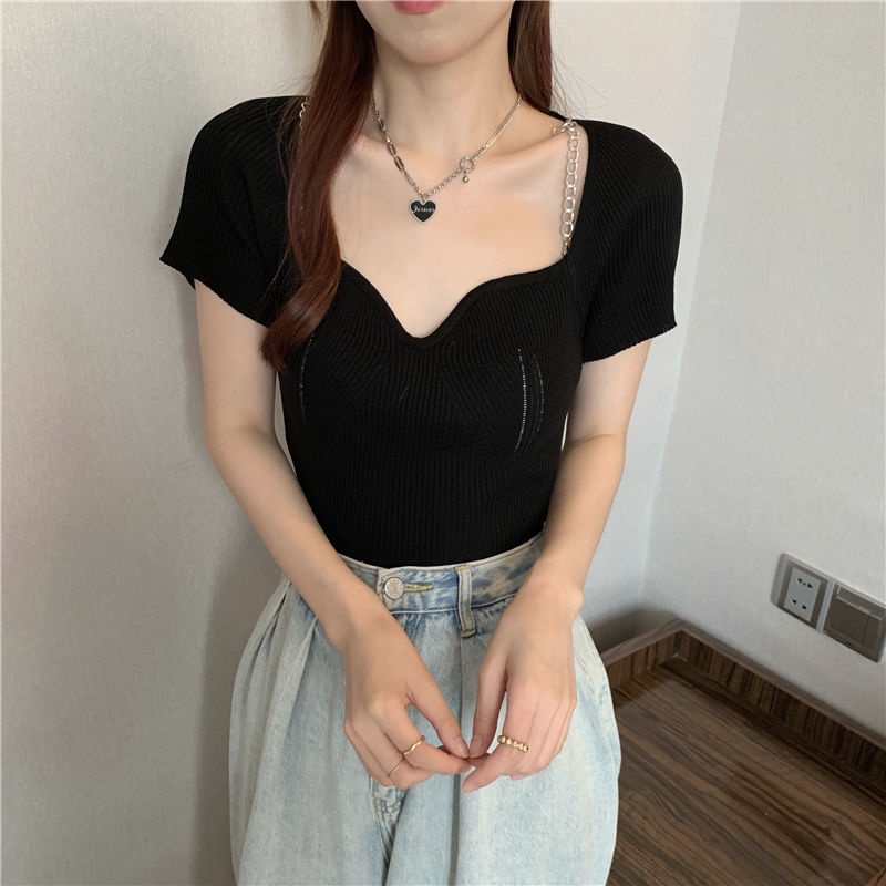 Áo Thun Ngắn Tay Cổ Vuông Phong Cách Mới Mùa Hè Cho Nữ