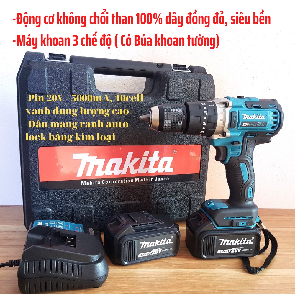 Máy khoan pin Makita 20V, máy khoan pin có búa, máy khoan pin dùng động cơ không chổi than, Đầu kẹp 13ly