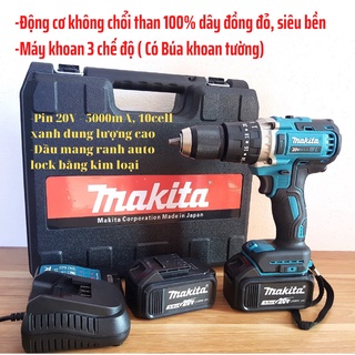 Máy khoan pin Makita 20V, máy khoan pin có búa, máy khoan pin dùng động cơ không chổi than, Đầu kẹp 13ly