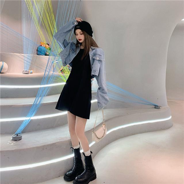 Áo khoác bò jean denim xanh dáng ngắn croptop phong cách Hàn Quốc