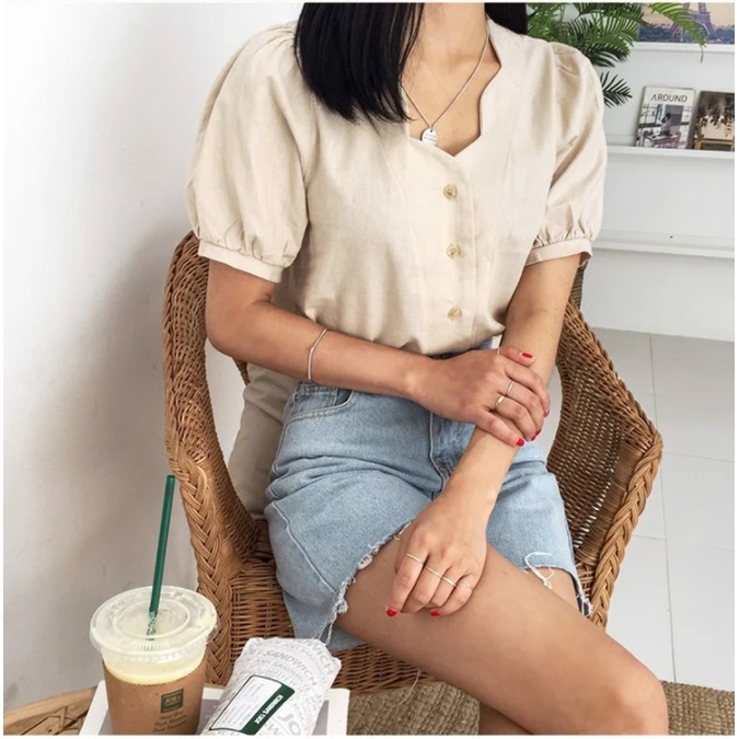 Áo Blouse Cổ Sóng Vải Lanh ENVYLOOK Wave Linen Blouse GomiMall