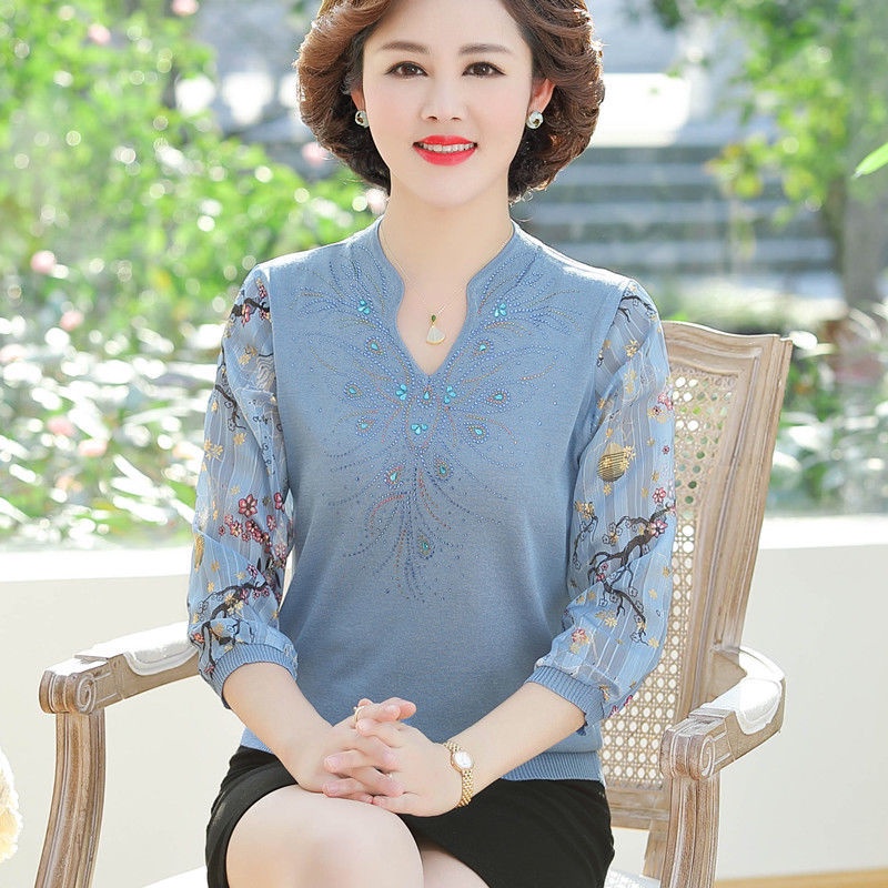 Phụ nữ trung niên và phụ nữ cao tuổi áo phông new plus size xuân thu, áo voan bà mẹ 50 tuổi