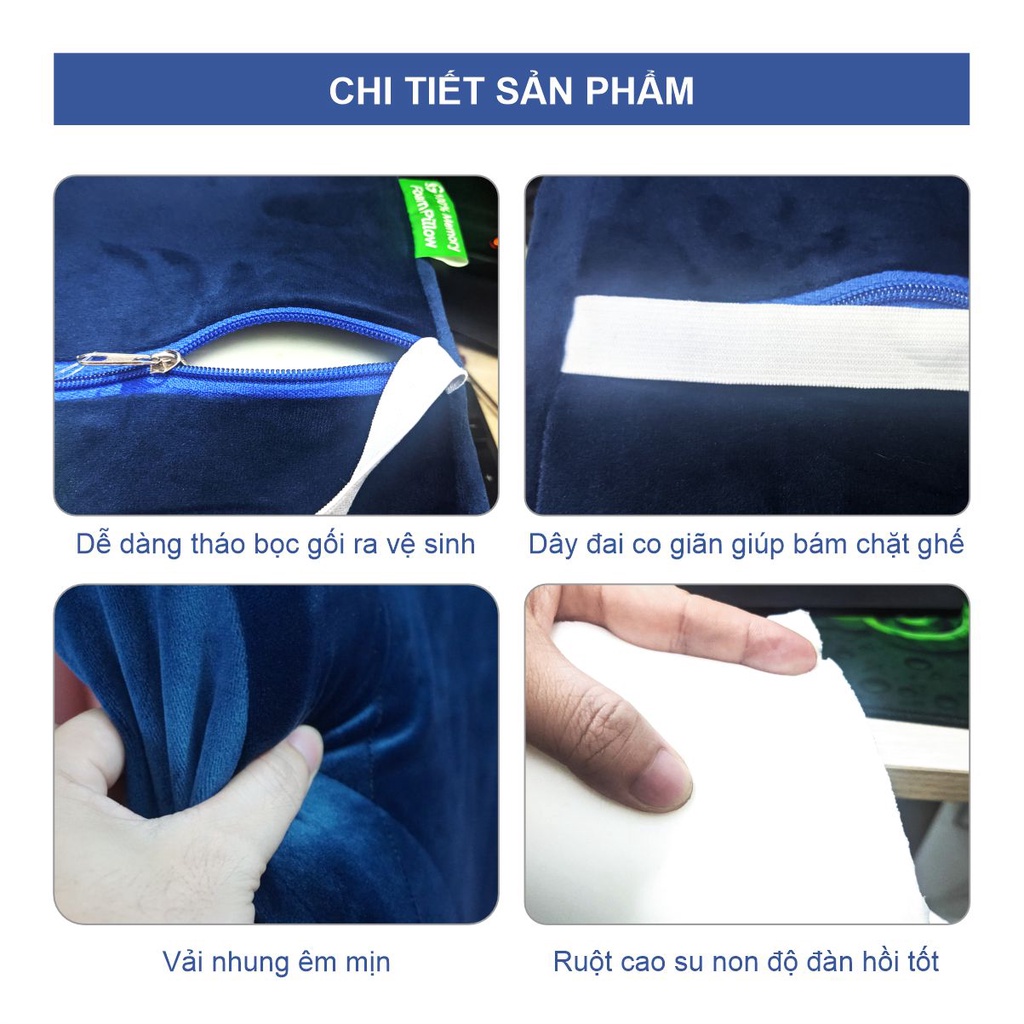 Gối Ngồi Tựa Lưng Văn Phòng Chống Gù, Đau Lưng Khi Ngồi Lâu, 100% Cao Su Non Êm Mịn Dày, Dáng Công Thái Học Có Đai Gài