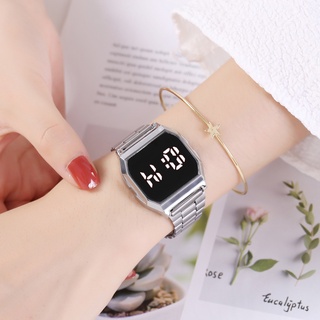 Đồng hồ nam nữ, đồng hồ điện tử tráng gương cảm ứng led dây thép không gỉ