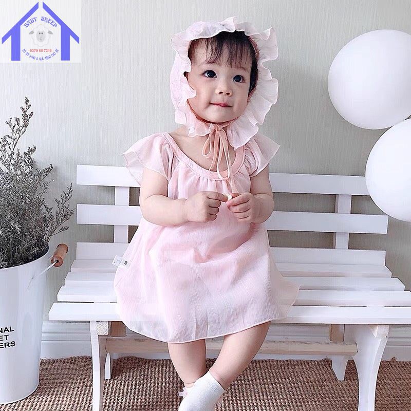 Váy body tiểu thư cộc tay kèm mũ bèo tiểu thư vải đũi mát cho bé gái Baby Sheep