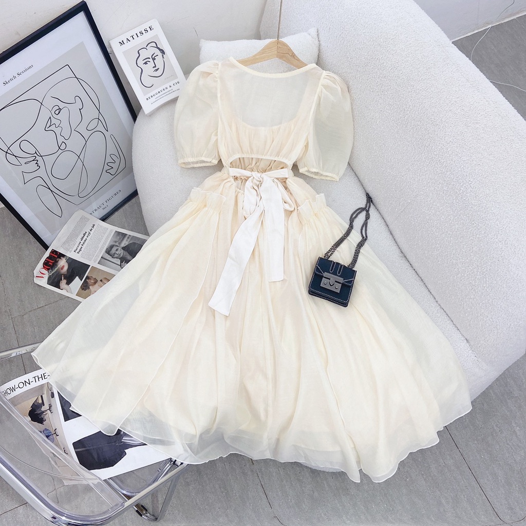 ĐẦM MIDI VOAN KEM CUT OUT NƠ CỘT NƠ LƯNG