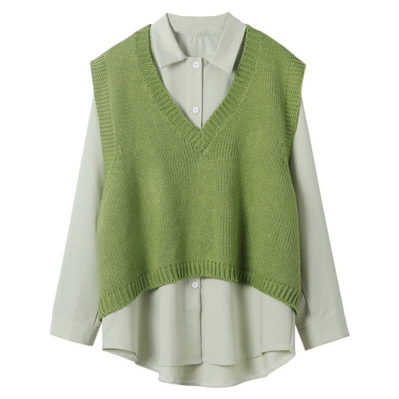 Set áo+gile len cổ V xanh lá, áo sơ mi xanh mint oversize