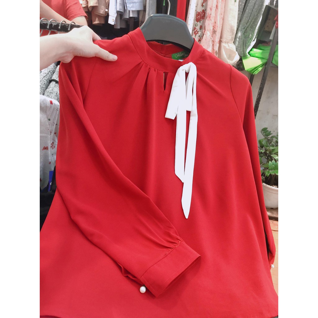ÁO BẦUFREESHIPÁO voan đỏ cổ tròn nơ cổ  Thời trang bầu công sở