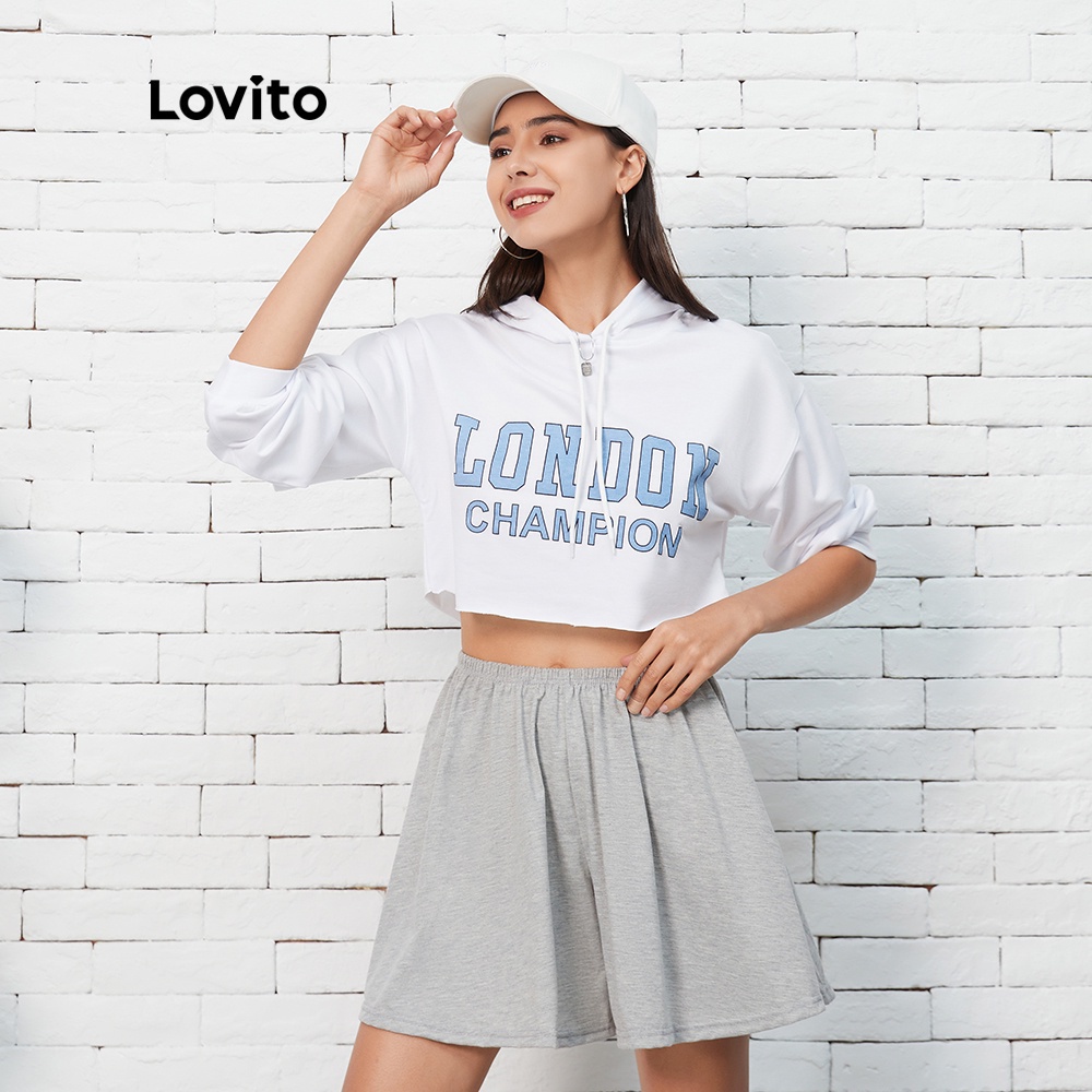 Áo sweatshirt croptop Lovito in họa tiết chữ phong cách thường ngày L07083 (Màu trắng) | BigBuy360 - bigbuy360.vn