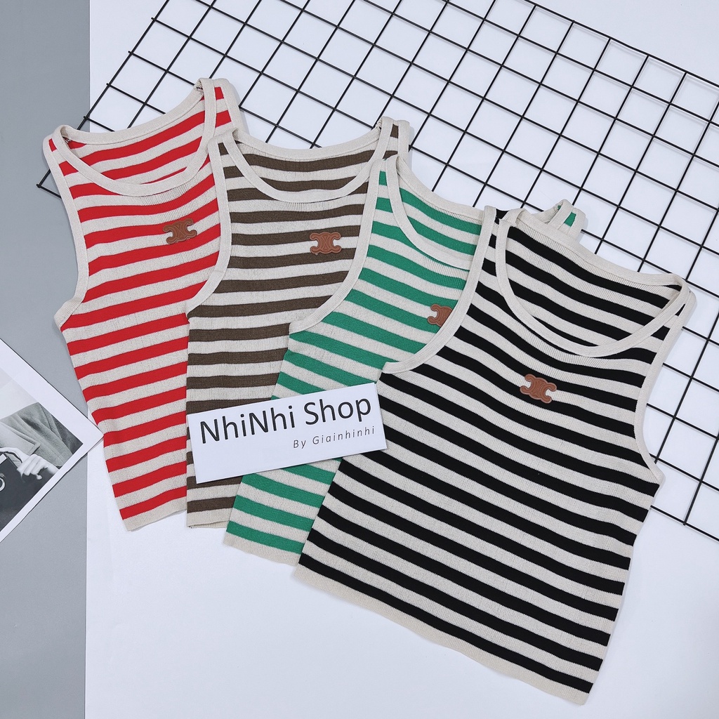 Áo ba lỗ len mỏng kẻ ngang đính logo ngực, Áo kiểu dáng ôm co giãn AL6041 - NhiNhi Shop