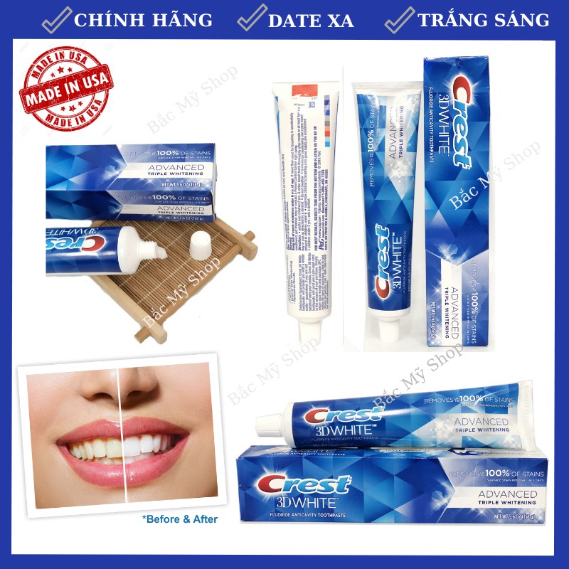 Kem đánh răng Crest 3D White 100% Advanced triple whitening 158g