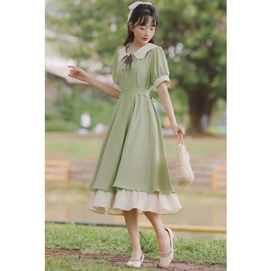 Váy Hai Vạt Tay Lỡ Dáng Dài Màu Xanh Lá, Tím Thiết Kế Nhẹ Nhàng Phong Cách Nàng Thơ