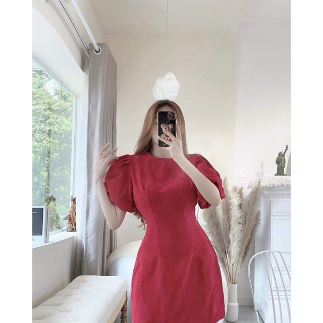 Đầm nhung tăm tay phồng