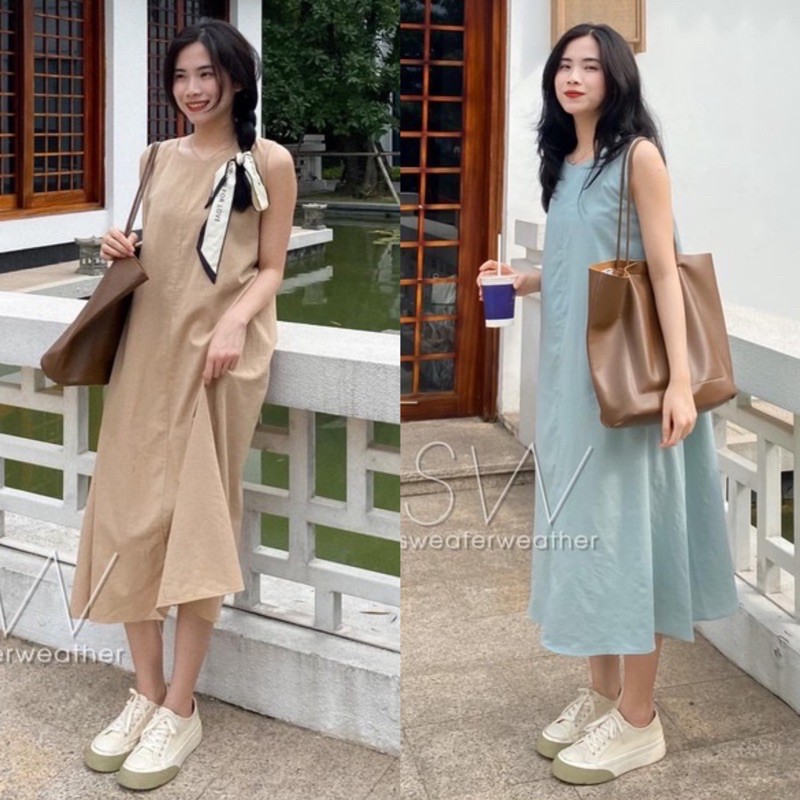 [Mã 157FASHIONSALE giảm 100% đơn 150K] [Ảnh thật/Video]Váy sát nách vai suông dáng xoè Đầm trơn vintage dáng dài