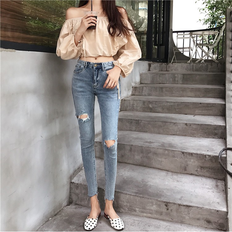 Quần jeans dài rách gối thời trang cho nữ