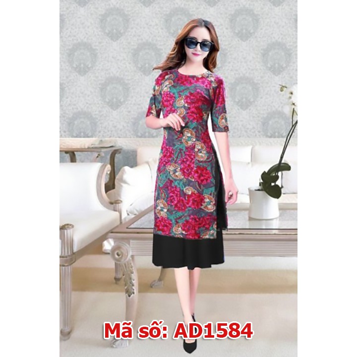 ⚡️ có big size 3XL ⚡️ AD1584 Set áo dài cách tân gấm thun quý bà họa tiết hoa  kèm váy đen