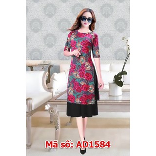 ⚡️ có big size 3XL ⚡️ AD1584 Set áo dài cách tân gấm thun quý bà họa tiết hoa  kèm váy đen