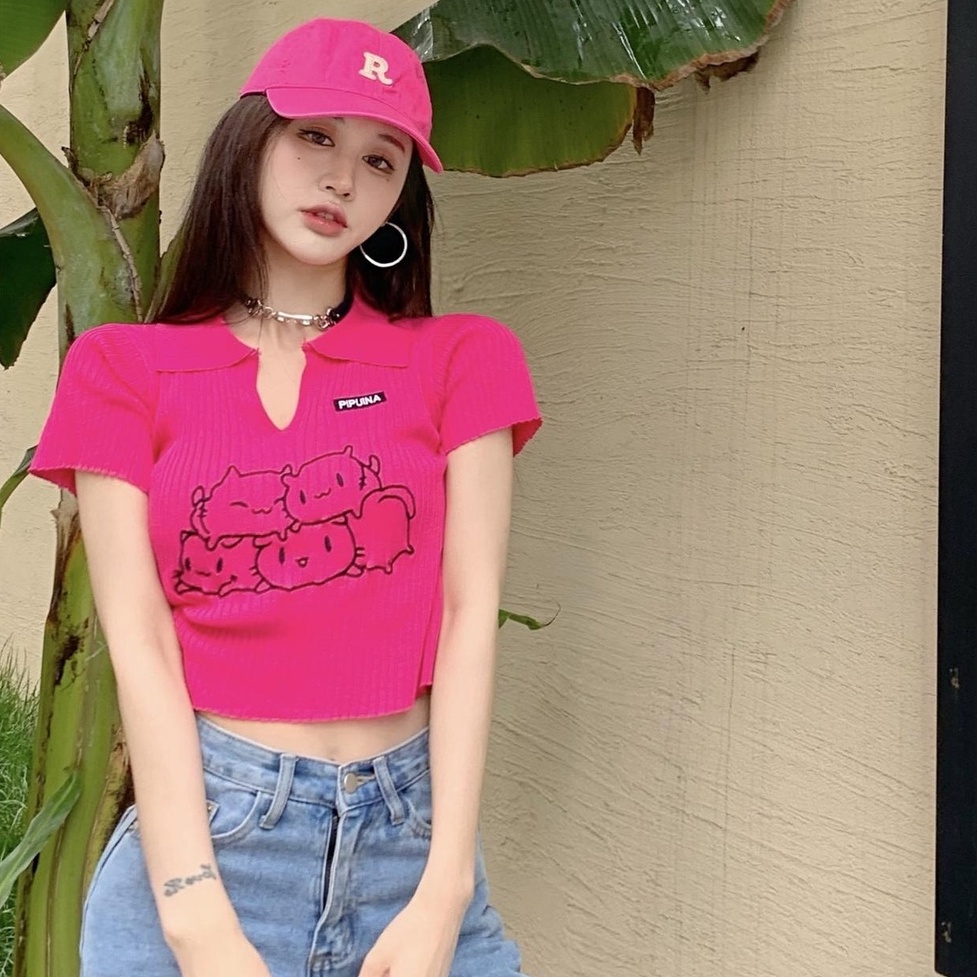 Áo croptop ZHELIHANGFEI cổ polo dệt kim tay ngắn thiết kế quyến rũ cá tính cho nữ