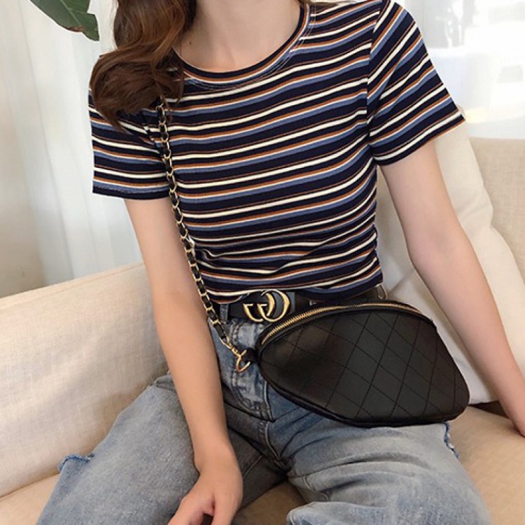 Áo Thun Nữ MIESU Ngắn Tay Croptop Kẻ Sọc Chất Len Dệt Kim Cao Cấp Hàng Quảng Châu