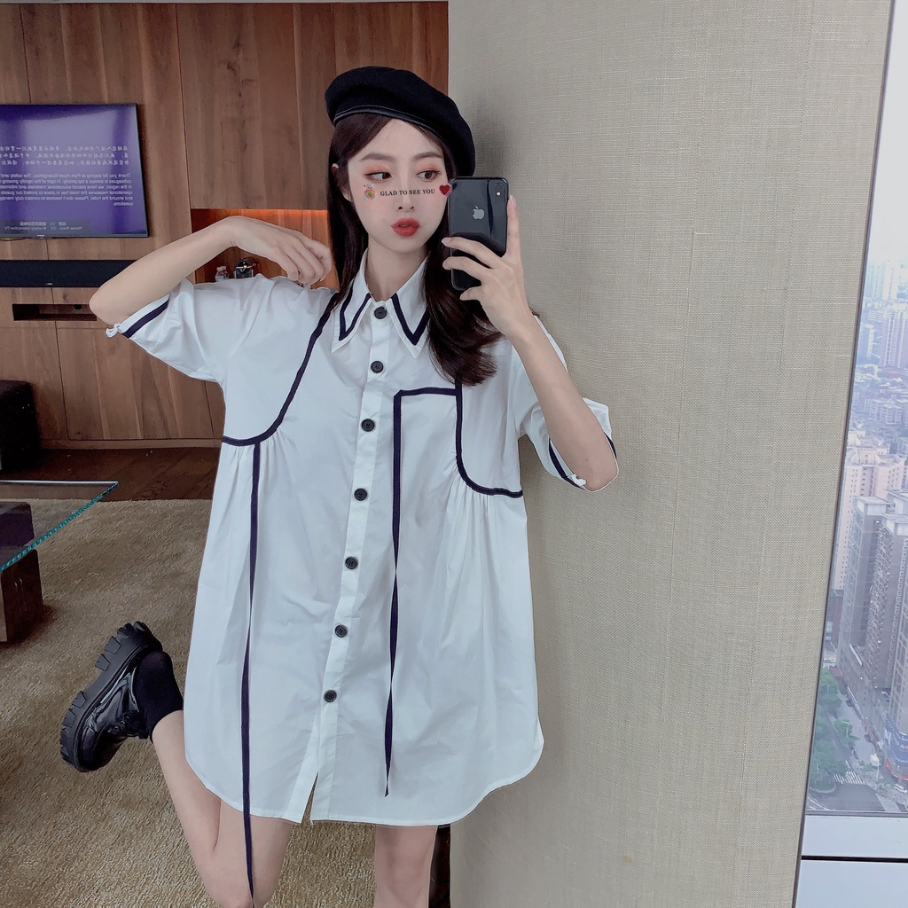 Đầm sơ mi tay ngắn dáng rộng thời trang thanh lịch cho nữ