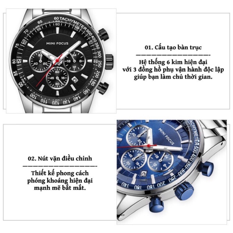 Đồng Hồ Nam MINI FOCUS MF0187G.01 Dây Thép Bạc Mặt Đen Chống Nước 6 Kim Cao Cấp - TIGO
