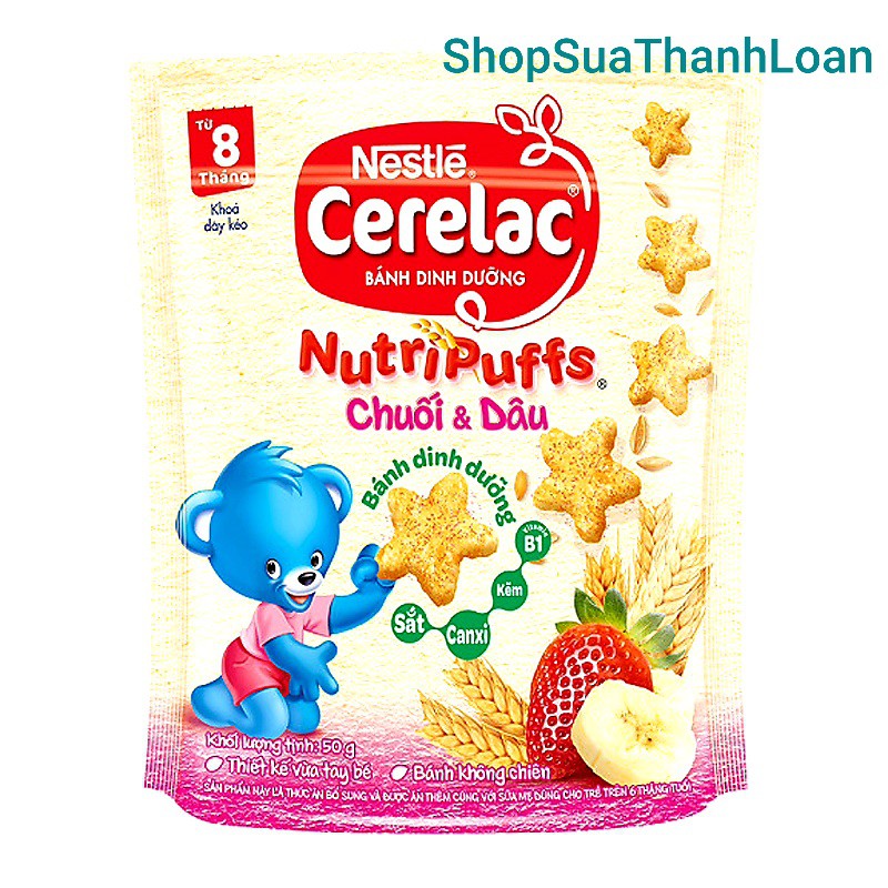 [HSD T3-2022] Bánh Ăn Dặm Nestlé Cerelac Nutripuffs Vị Chuối và Dâu - Túi 50gr