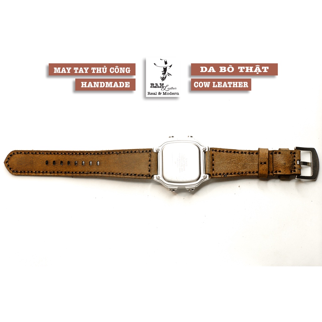 Dây đồng hồ RAM Leather 1950 nâu đậm da bò cho CASIO 1200, AE 1200, 1300, 1100, A159 , A168 , Size 18