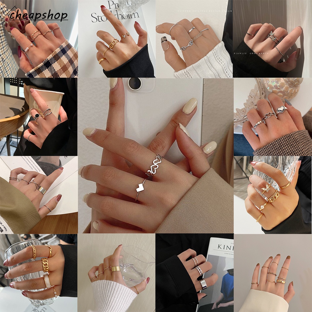 iF YOU Bộ nhẫn màu bạc/màu vàng phong cách retro thời trang Hàn Quốc cho nữ