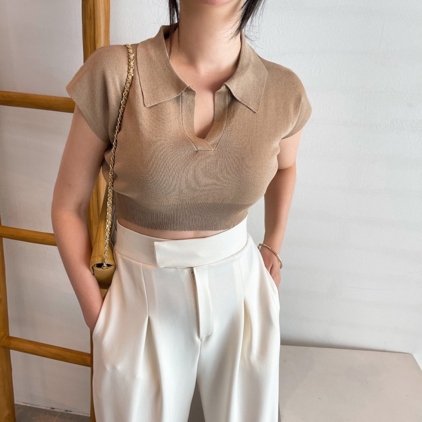 DUNEA Áo Thun Dệt Kim Cổ Bẻ Đơn Giản 3.3 Thời Trang Cho Nữ