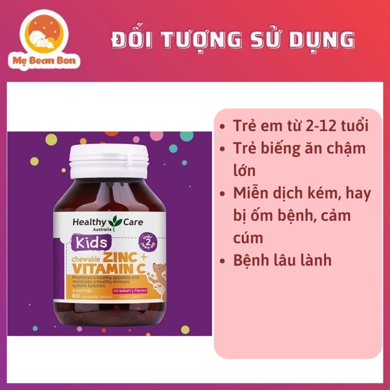 Viên nhai bố sung kẽm Healthy Care Zinc + Vitamin C (60v), Úc