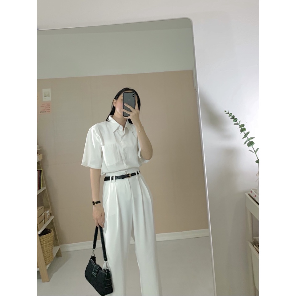 Áo sơmi Freesize tay ngắn chất liệu Kate dày dặn có túi phong cách Hàn