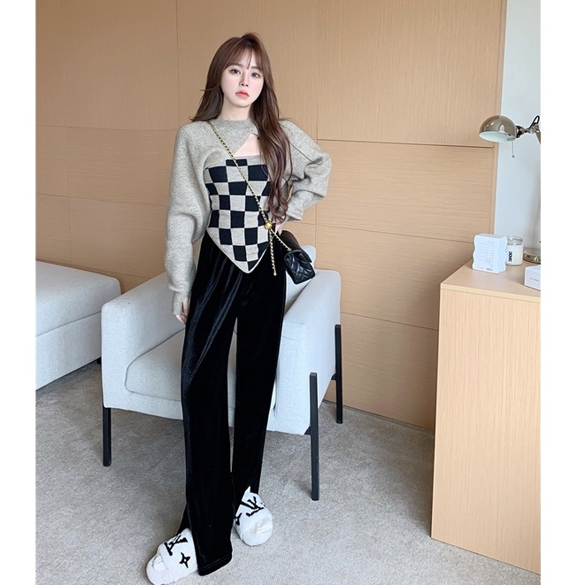 Set áo len chui đầu tay dài phối quần dài lưng cao phong cách Trung Hoa thời trang thu đông mới