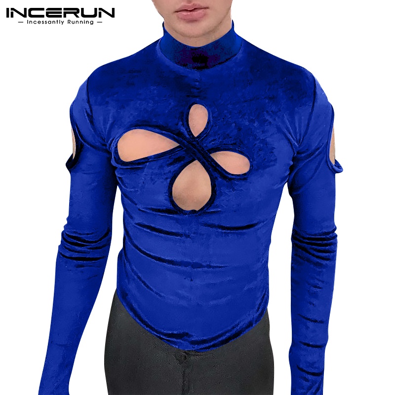 Áo nam INCERUN tay dài cổ cao dáng ôm vải nhung khoét lỗ thời trang gợi cảm