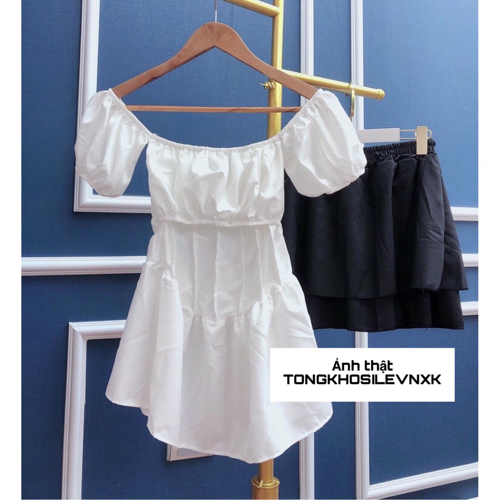 Bộ Áo Trễ Vai Chân Váy Ngắn Tầng 🦋 Set Áo Trắng Bèo Kèm Chân Váy Đen Xòe 2 Tầng 🦋