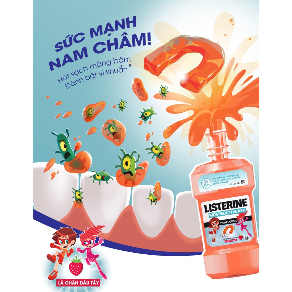 Nước Súc Miệng Listerine Kids Mouthwash 250ml Vị Dâu (Giúp Răng Chắc Khỏe, Ngừa Sâu Răng, Không Cồn) Cho Trẻ Em 6 Tuổi