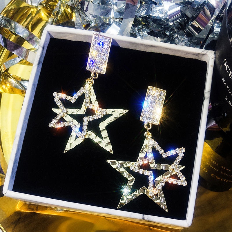 Bông Tai Dài Hình Ngôi Sao Năm Cánh Đính Đá Phong Cách Âu Mỹ