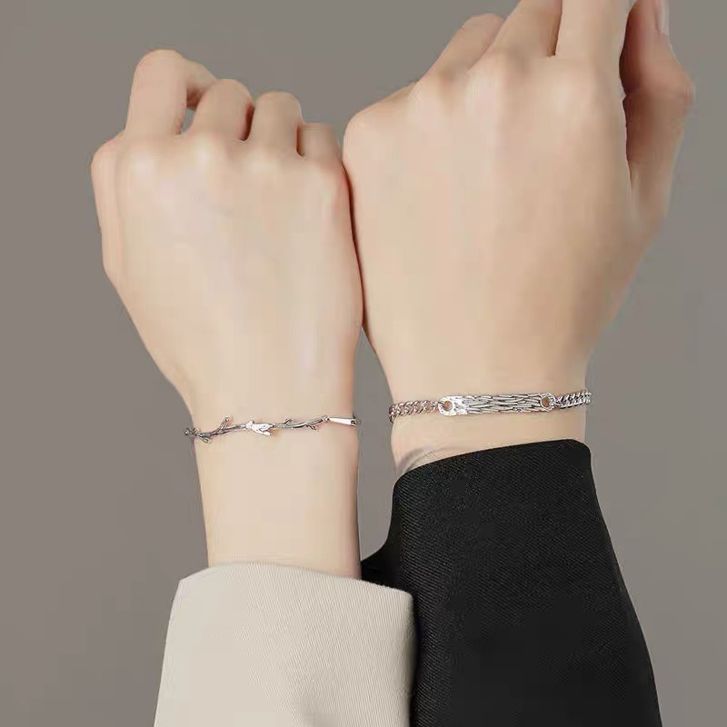 Vòng tay mạ bạc 925 thiết kế đơn giản thời trang cho cặp đôi nam nữ kiểu dáng hình Núi & Cây