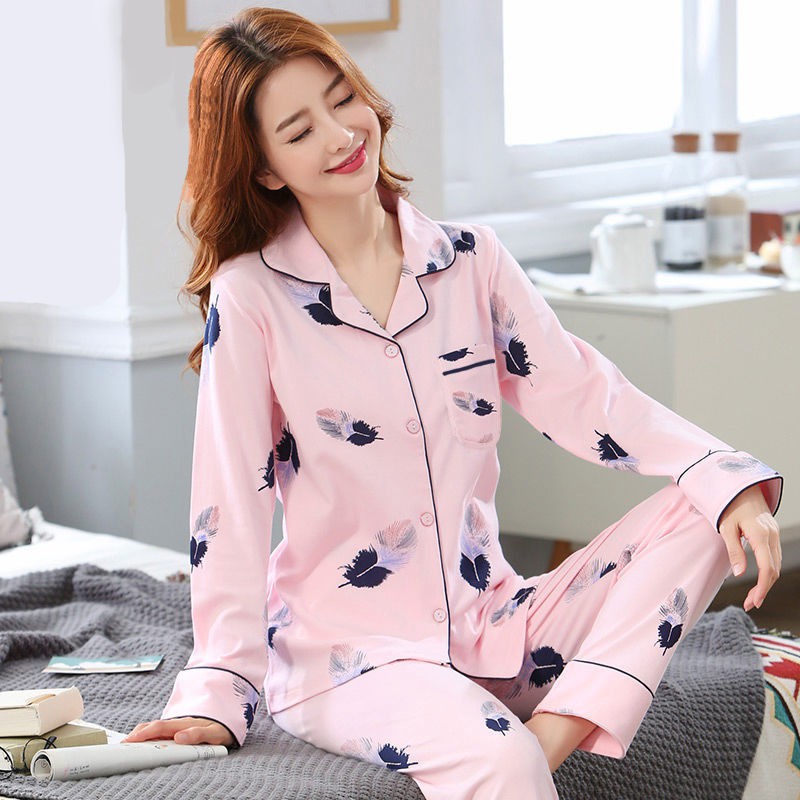 đồ ngủ♣❀✣100% Cao -end pyjama phụ nữ mùa xuân và thu dài tay cho người trung niên tuổi cộng với kích thước mặc nh