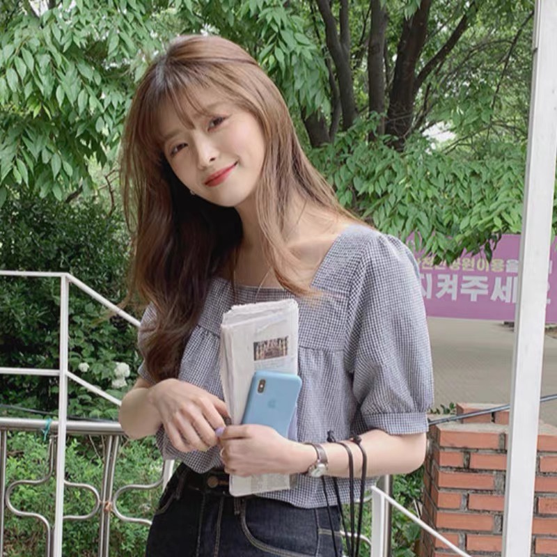 SUXI Áo Sơ Mi Tay Ngắn Họa Tiết Caro Thời Trang Dành Cho Nữ