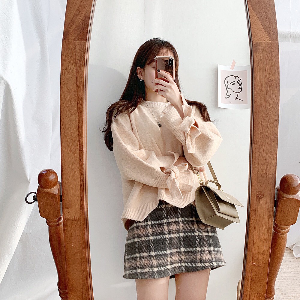 {HCM / CÓ SẴN} SET ÁO LEN VÀ CHÂN VÁY CARO PHONG CÁCH HÀN QUỐC SIZE M