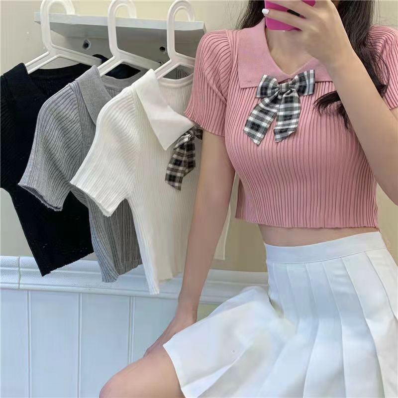 Áo thun bằng vải dệt kim tay ngắn cổ búp bê đính nơ thời trang mùa hè phong cách Hàn Quốc cho nữ VN170