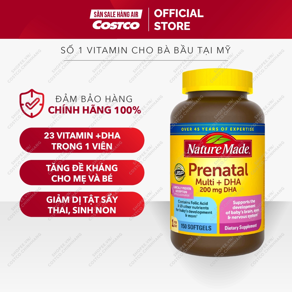 Vitamin tổng hợp cho Bà Bầu [Đủ Bill] Nature Made Prenatal Multi DHA 200mg 150 viên Của Costco Mỹ