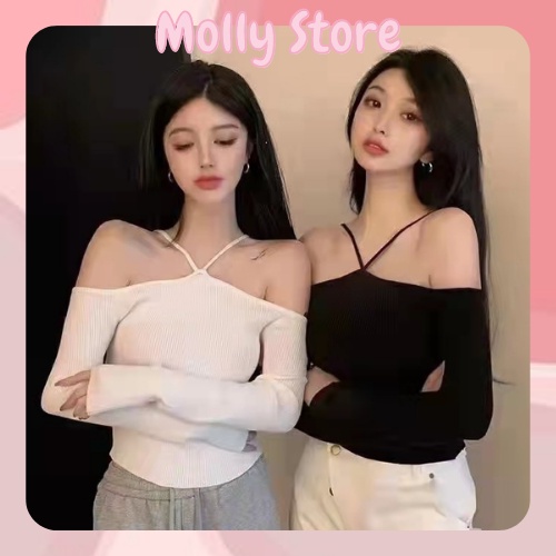 (MÃ ACY08) Áo thun nữ croptop Molly kiểu yếm trễ vai tay dài phối dây chéo cổ 2 màu trắng/đen