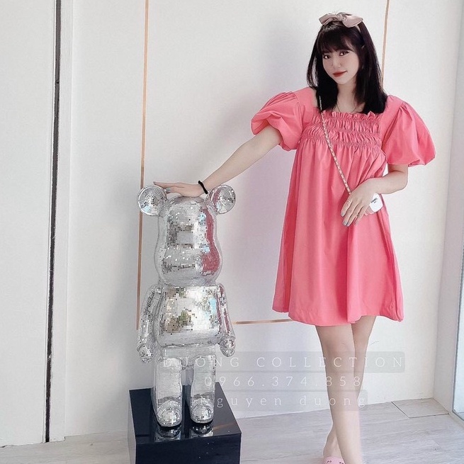 Đầm babydoll hồng cổ vuông chun ngực tay bồng BN206