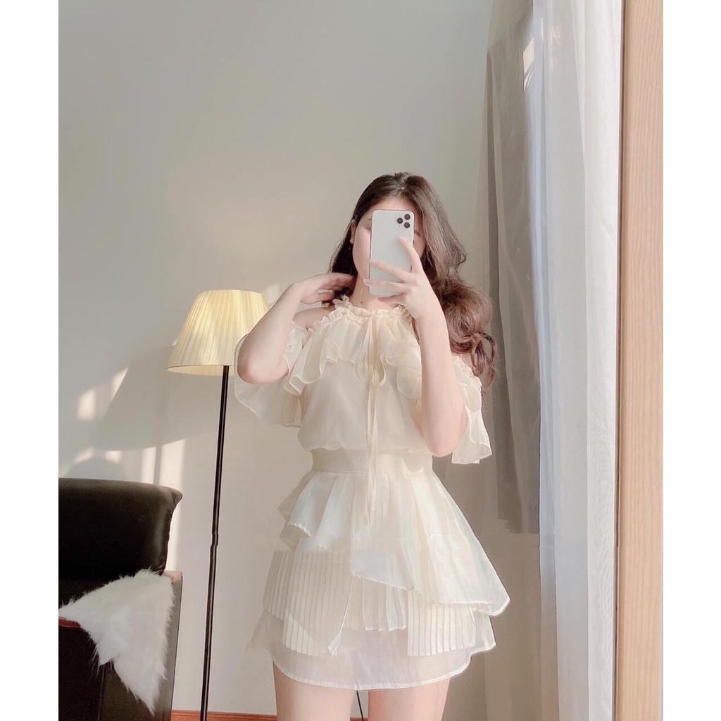 sét váy nữ, đầm nữ trễ vai hàng thiết kế cao cấp,chuẩn fom dáng phù hợp với đi chơi bạn bè,cafe cuối tuần nhẹ