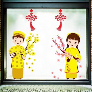 Decal trang trí tết cao Lala bé chúc xuân nhâm dần cao cấp không viền trắng dán được trên tường và kính dễ dàng tháo dán
