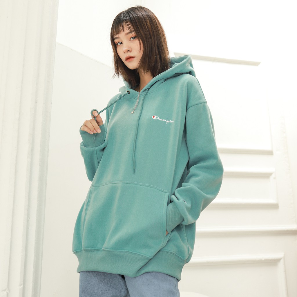 Áo Hoodie Thêu Logo Champion Sắc Nét Phía Trước-Chất Vải Nỉ Bông Cotton-Form Rộng Rãi Unisex Nam Nữ-Màu Xanh Mint