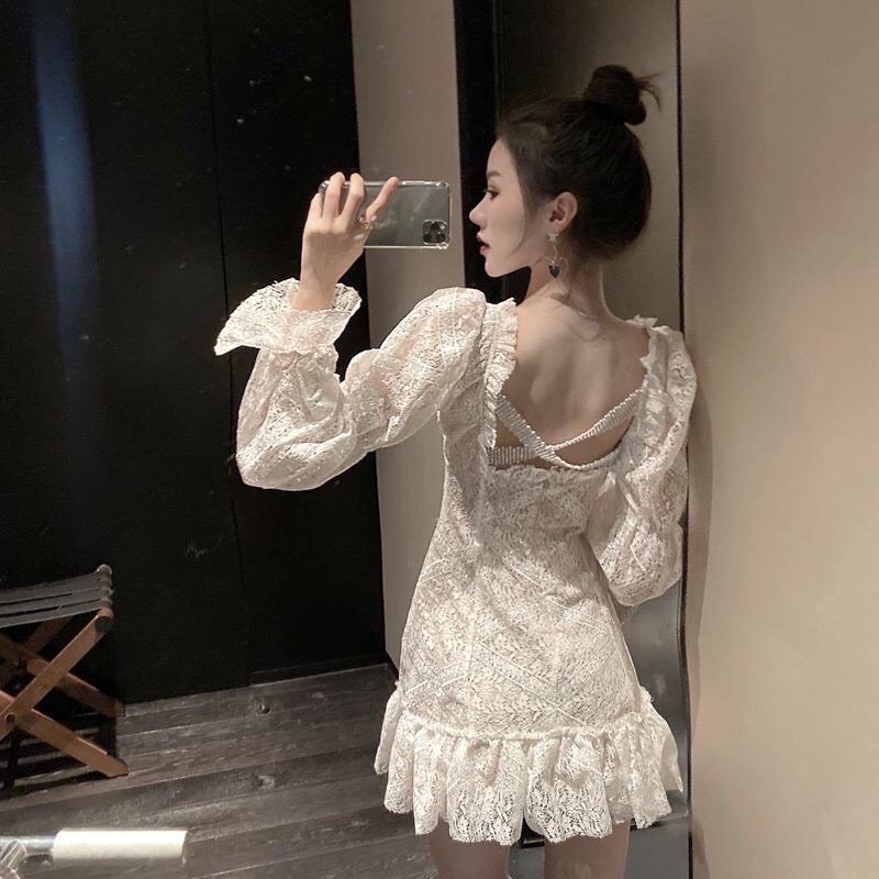 SẴN🖤Váy bánh bèo ulzzang ren tiểu thư Đầm xoè công chúa dự tiệc Tay Dài Cổ đan dây chéo bling bling lấp lánh sang chảnh