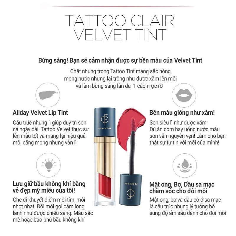 Son Kem Lì FORENCOS Tattoo Clair Velvet Tint - Son Lì 21 Màu Phù Hợp Với Mọi Phong Cách