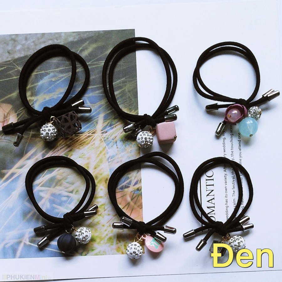Bộ 6 dây thun buộc tóc, cột tóc đính hạt châu kiểu Hàn Quốc xinh xắn cho bạn gái kèm túi voan dây rút tiện lợi  giá rẻ